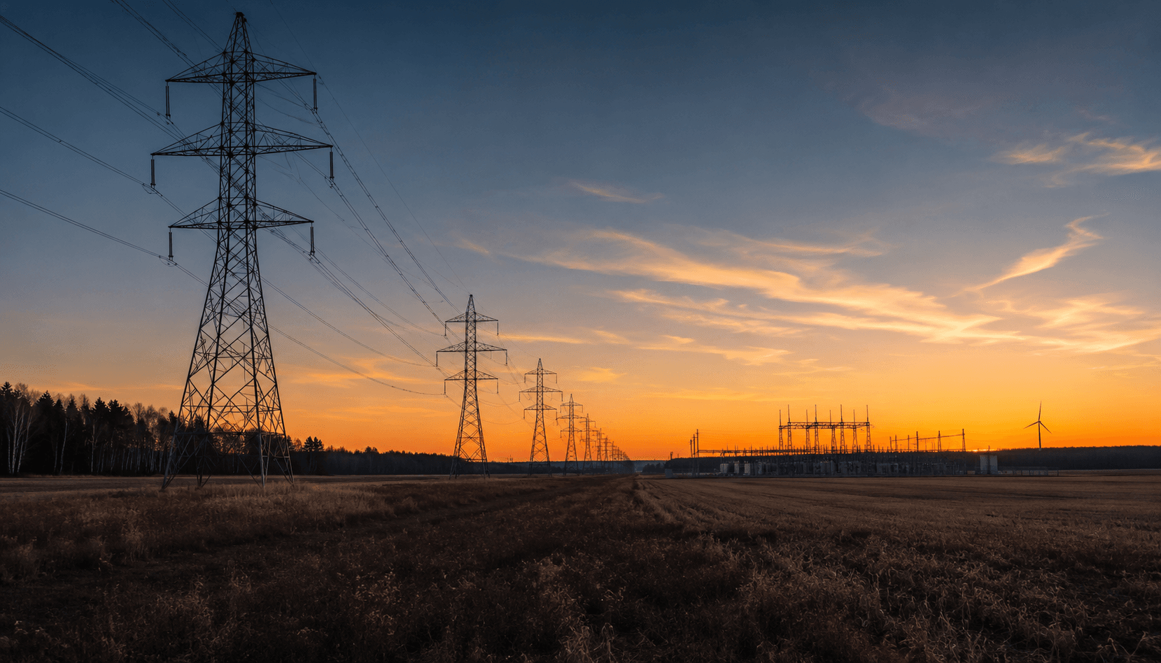 Transmission towers at sunset over Ontario farmland — Currentline